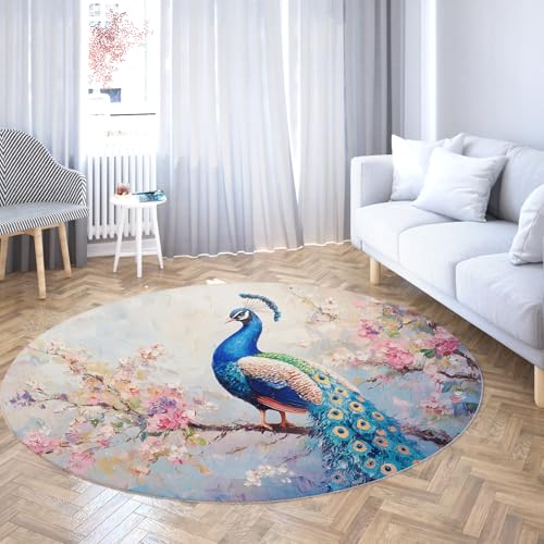Via Vela Runder Teppich im chinesischen Stil 80cm eleganter waschbarer Pfauendruck mit rutschfestem niedrigem Flor Nicht ablösendem Wurfkreisteppich für Schlafzimmerdeck Terrasse von Via Vela