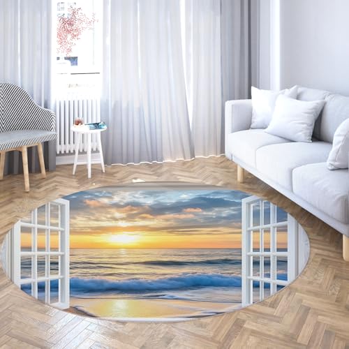 Via Vela Runder Teppich im klassischen Stil 80cm Ocean Waves Sunset Landscape Rutschfester niedriger Flor Faltbarer Nicht haarender Kreisteppich für Schlafzimmer Deck Terrasse Terrasse von Via Vela