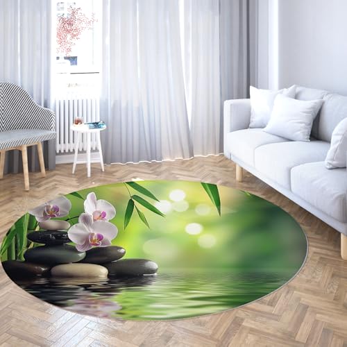 Via Vela Runder Teppich mit Spa-Print 120cm Dieshi Orchidee Bambusblatt heiße Quelle Rutschfester Flacher Faltbarer Nicht haarender Wurfkreisteppich für das Schlafzimmer von Via Vela