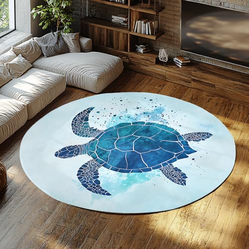 Via Vela Runder Teppich mit Tierdruck 80cm Meeresschildkröten Waschbar Rutschfester niedriger Flor Faltbarer Nicht haarender Wurfkreisteppich für Schlafzimmer Deck Terrasse von Via Vela