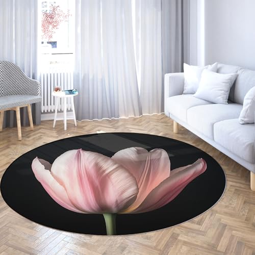 Via Vela Runder Teppich mit rosa Tulpenmuster 100cm - weiche dünne Matte mit klassischem Bloom-Design maschinenwaschbar und rutschfest für die Einrichtung von Esszimmern von Via Vela