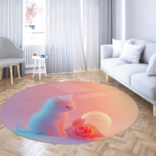 Via Vela Runder Teppich mit warmem Stil 80cm Niedliche Katze und romantische Rosen Waschbarer Rutschfester Flacher Faltbarer dünner Kreisteppich für das Schlafzimmer im Esszimmer zu Hause von Via Vela
