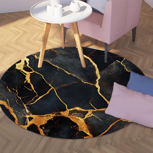 Via Vela Runder Teppiche im Luxusstil 80cm - Moderner klassischer Abstrakter schwarzer Gold-Marmor-Textur-Rutschfester Leichter Teppich mit niedrigem Flor für die Dekoration des Nachttisches Via Vela Runder Teppiche im Luxusstil 80cm - Moderner klassischer Abstrakter schwarzer Gold-Marmor-Textur-Rutschfester Leichter Teppich mit niedrigem Flor für die Dekoration des Nachttisches von Via Vela