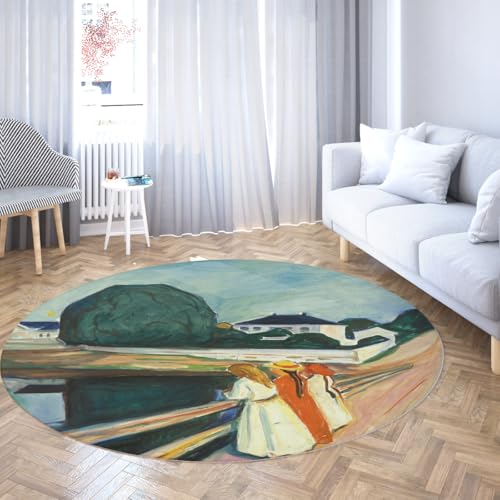 Via Vela Rustikale Kunst Runder Teppich 180cm Die Mädchen auf der Brücke Waschbarer niedriger Flor Rutschfester dünner Kreisteppich für Schrank Badezimmer Zuhause Flur Spielzimmer von Via Vela