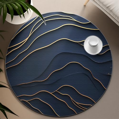 Via Vela Rutschfester runder Teppich im klassischen Stil 180cm Abstrakter Goldener gewellter Textur waschbarer niedrigfloriger Leichter runder Teppich für Wohnzimmer Schlafzimmer von Via Vela