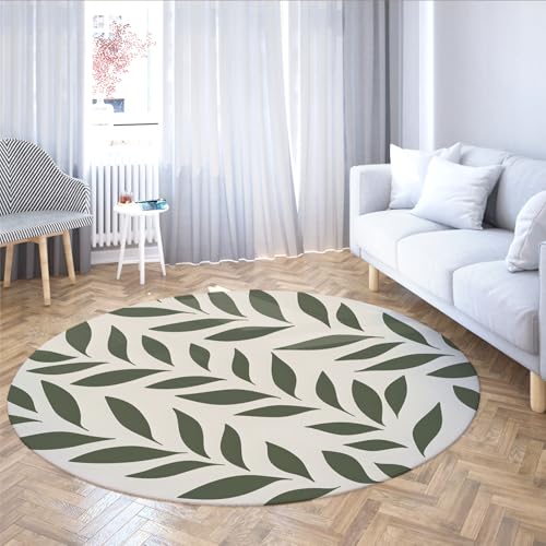 Via Vela Rutschfester runder Teppich im nordischen Stil 180cm Salbeigrün Abstrakte Blätter Waschbarer Leichter Leichter runder Teppich mit niedrigem Flor für Wohnzimmer Schlafzimmer von Via Vela