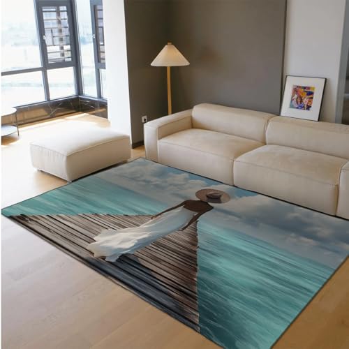 Via Vela Schöne Teppiche im romantischen Stil 180x300cm - Mädchen in Weiß geht auf der Küstenplanke Straßenmuster Rutschfester dünner Teppich mit niedrigem Flor für das Bett Via Vela Schöne Teppiche im romantischen Stil 180x300cm - Mädchen in Weiß geht auf der Küstenplanke Straßenmuster Rutschfester dünner Teppich mit niedrigem Flor für das Bett von Via Vela