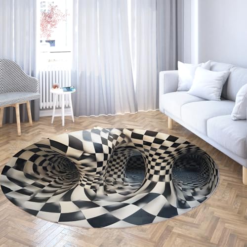 Via Vela Schwarz-Weiß-Stil waschbarer runder Teppich 100cm Illusionärer Vortex Höhlenmuster Rutschfester dünner Boden mit niedrigem Flor für das Esszimmer im Eingangsbereich von Via Vela
