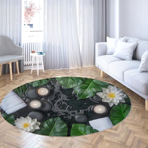 Via Vela Spa Print Runder Teppich 80cm Palmblatt Lotus Kerzenmuster Waschbar Rutschfester niedriger Flor Faltbarer Nicht haarender Wurfkreisteppich für Schlafzimmer von Via Vela
