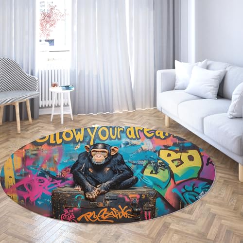 Via Vela Street Graffiti Print Runder Teppich 120cm Schwarz Lustiges Gorilla-Muster Waschbar Rutschfester niedriger Flor Nicht Haarwurf Kreis Teppich für Schlafzimmer von Via Vela