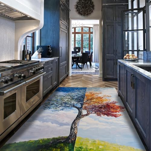Via Vela Symbolismus Stil Waschbare Teppiche 160x200cm - Landschaft Orangefarbene und Blaue Bäume am Hang Muster Rutschfester dünner Teppich mit niedrigem Flor für den Eingangsbereich von Via Vela