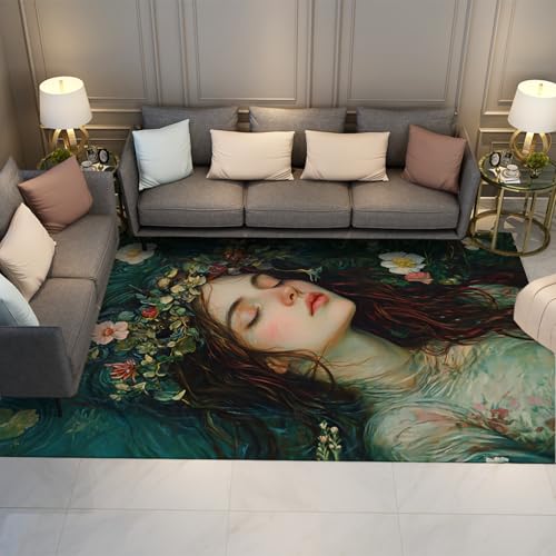 Via Vela Teppiche im Mid-Century-Stil 80x150cm - Edles und Elegantes schönes Mädchen mit einem Kranz im Wassermuster Flachfloriger dünner Teppich für das Wohnzimmer von Via Vela