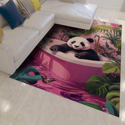 Via Vela Teppiche im modernen Stil 60x90cm - süßer Panda in rosa Badewanne mit tropischem Palmblattmuster Rutschfester dünner Teppich mit niedrigem Flor für das Wohnzimmer von Via Vela