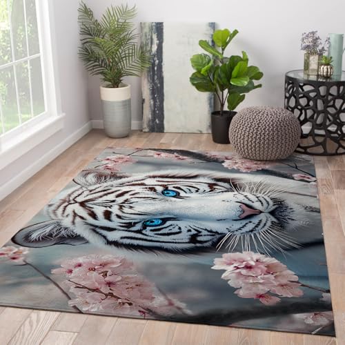 Via Vela Teppiche im nordischen Stil 60x90cm - Blauäugiger weißer Tiger und rosa Pfirsichblüten Muster Waschbarer Rutschfester dünner Teppich mit niedrigem Flor für den Eingangsbereich von Via Vela