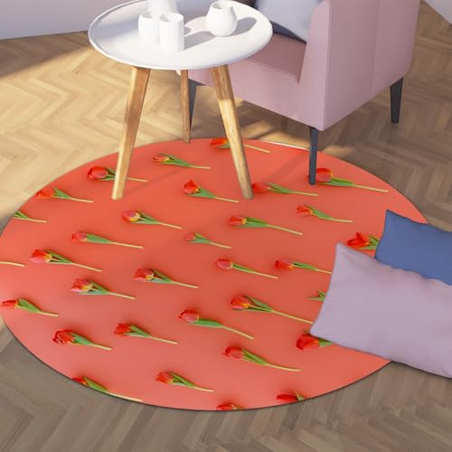 Via Vela Traditionelle Kunst Runde Teppiche 180cm Rot Romantische Rose Druck Maschinenwaschbarer Kreis Teppichboden rutschfest für Waschküche Esszimmer von Via Vela