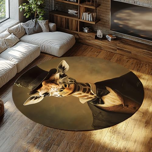 Via Vela Traditionelle Kunst Rutschfester runder Teppich 150cm Giraffe Gentleman Muster Waschbarer niedrigfloriger Leichter runder Teppich für Wohnzimmer Schlafzimmer von Via Vela