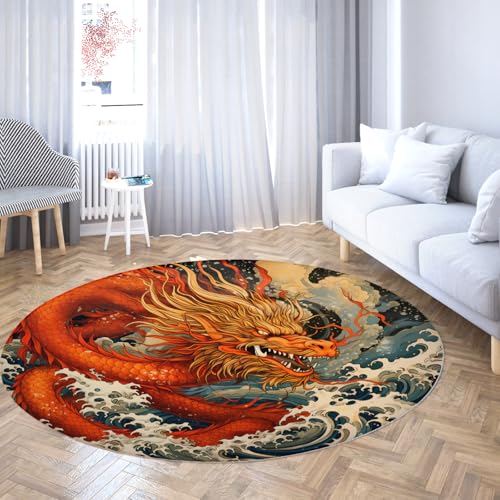Via Vela Ukiyo-e Style waschbarer runder Teppich 80cm japanische Welle Cartoon Drachenmuster Rutschfester niedrigfloriger Innenboden-Kreisteppich für Küche Schlafzimmer von Via Vela