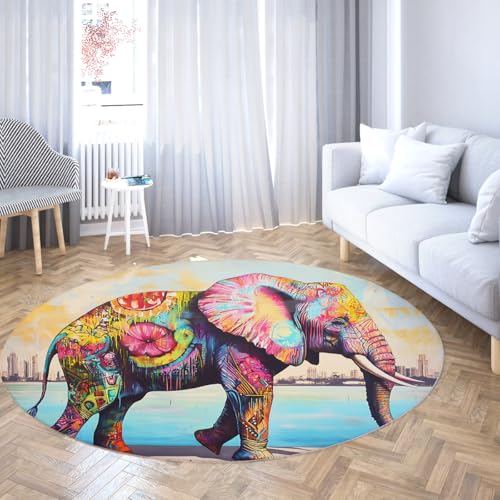 Via Vela Unique Art Runder Teppich 120cm Graffiti Elefant Muster Waschbarer niedriger Flor Rutschfester dünner Kreis Matte Teppich für Badezimmer Zuhause Flur Spielzimmer von Via Vela