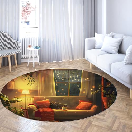 Via Vela Warme Atmosphäre Waschbarer großer runder Teppich 80cm Waldhütte Szenerie Rutschfester niedriger Flor Kreis Teppich für Arbeitszimmer Esszimmer Balkon von Via Vela
