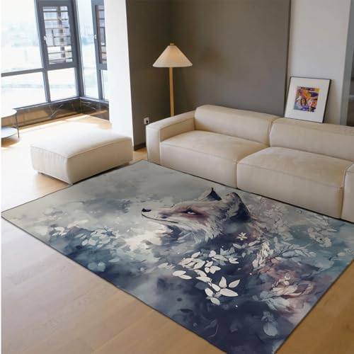 Via Vela Waschbare Teppiche im Anime-Stil 160x230cm - süßer Fuchs und schöne verträumte Blume Meereslandschaft Rutschfester dünner Teppich mit niedrigem Flor für das Wohnzimmer von Via Vela