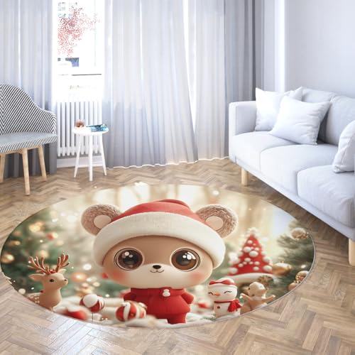 Via Vela Waschbarer runder Teppich im Cartoon-Stil 80cm Niedlicher Bär und Hirsch Muster Rutschfester dünner Teppich Indoor Bodenmatten Niedriger Flor für den Eingangsbereich Esszimmer von Via Vela