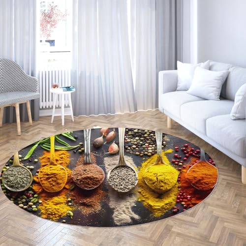 Via Vela Waschbarer runder Teppich im Landhausstil 100cm Küche Gewürze und Löffel Muster Rutschfester großer Kreisteppich für Arbeitszimmer Esszimmer Balkon von Via Vela