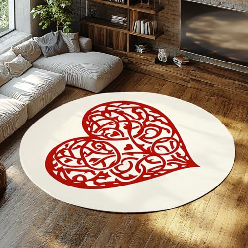Via Vela Weiße runde Teppiche 180cm Traditioneller Retro Rotes Herzmuster Waschbarer Rutschfester flachfloriger Faltbarer dünner Kreisteppich für Schlafzimmer Esszimmer von Via Vela
