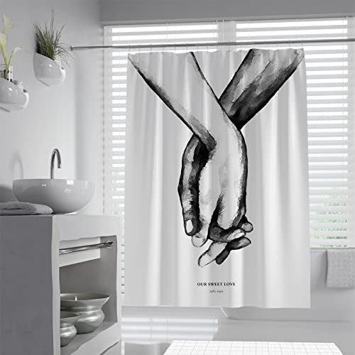 Via Vela Weißer Duschvorhang Schwarze Linien Herz Hände Druck Paar Liebe Badezimmervorhänge Gewichteter Saum Duschvorhänge Set mit 12 Haken 200x180 cm von Via Vela