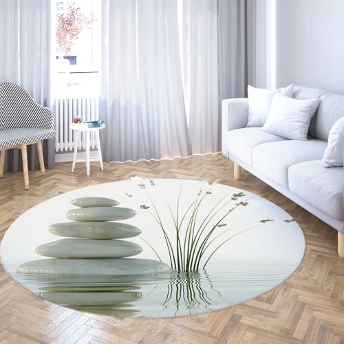 Via Vela Weißer Rutschfester runder Teppich 120cm Wasserunkraut und Steinmuster Innenbereich waschbarer großer Wurf Kreis Teppich für Mudroom Wohnung Zuhause Kinderzimmer von Via Vela