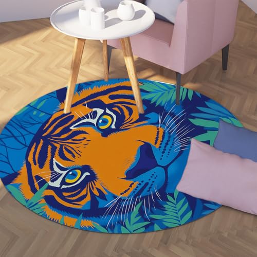 Via Vela Wildlife Theme Runde Teppiche 100cm Tiger Face Print Waschbarer Rutschfester flachfloriger Faltbarer dünner Kreisteppich für Zuhause Schlafzimmer Sofa Esszimmer von Via Vela
