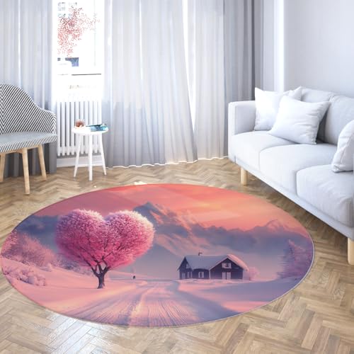 Via Vela Winter Landschaft Rutschfester großer runder Teppich 80cm Berg Rosa Baummuster Druck Kreis Teppich für Arbeitszimmer Esszimmer Balkon von Via Vela