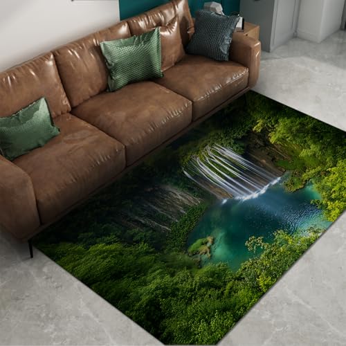 Vibrant Style Area Teppiche 80x150cm - grüner Wald und schöne Wasserfälle Muster Rutschfester niedrigfloriger gemütlicher dünner Faltbarer Teppich für den Eingangsbereich von Via Vela