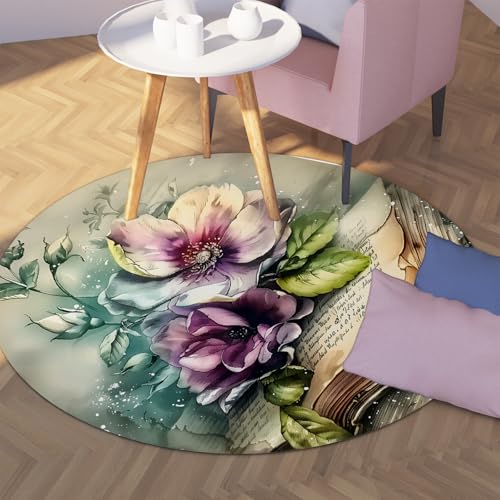 Vintage-Stil waschbarer Rutschfester runder Teppich 180cm Bücher und blühende Blumen Muster Großer Kreisteppich für Arbeitszimmer Esszimmer Balkon von Via Vela
