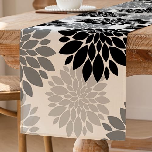 Tischläufer Schwarz Dahlie Frühlings Tischdekoration Modernes Waschbares Blume Tischdekoration Saisonale Küchentischdecke Innen Urlaubs und Partydekoration 40 x 140 cm von ViaElayu