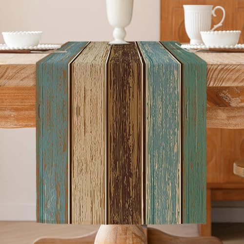 Tischläufer Türkis 33 x 183 cm Planken Antik Alt Rustikal Holz Modern Frühling Tischläufer deckchen Saisonnal Küche Tisch Dekoration Abwaschbar Drinnen Urlaub Party Table Dekor von ViaElayu