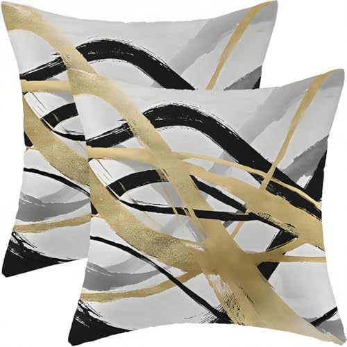ViaElayu Kissenbezug 40x40 Schwarz Gold Herbst Kissen Boho Kissenbezüge Grau Weiß Zierkissenbezug Modern Abstrakte Kissenhüllen Samt Sofakissen Couchkissen Wohnzimmer Outdoor Sofa Deko 2er Set von ViaElayu