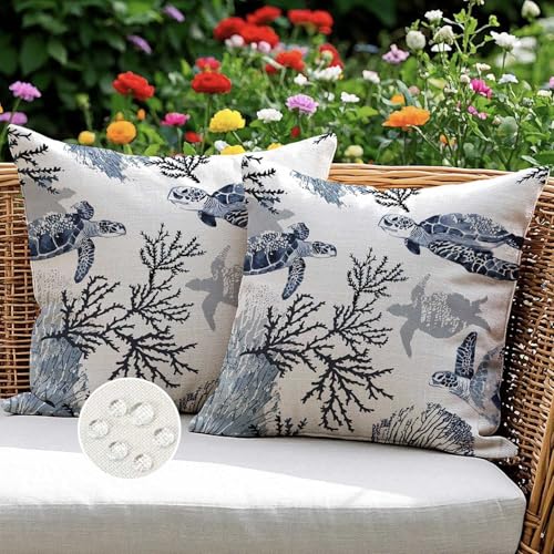 ViaElayu Kissenbezug 40x40 cm Outdoor Kissen Wetterfest Blau Kissenbezüge Gartenbank Wasserfest Cushion Covers Meeresschildkröte Sommer Kissen Deko für Garten Sofa Wohnzimmer Terrasse Bett 2er Set von ViaElayu