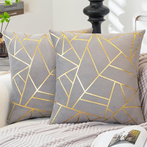 ViaElayu Kissenbezug 50 x 50 Grau Sofakissen mit goldenem geometrischem Deko Kissen Samt kissenbezüge Moderne Kissen Quadratische Kissen bezüge Dekoration 2er Set Schlafzimmer von ViaElayu