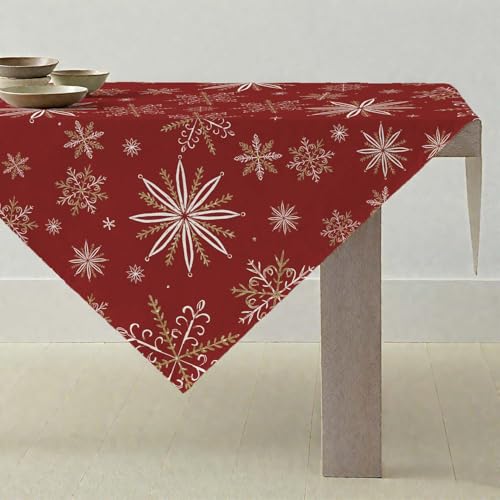 ViaElayu Tischdecke Weihnachten Weihnachtsdeko Klein Weihnachtstischdecke Mitteldecke 100x100 cm Rot Weihnachts Tischdeko mit Weiße und Gold Schneeflocken Abwaschbar Modern Winter Küche Tisch Deko von ViaElayu