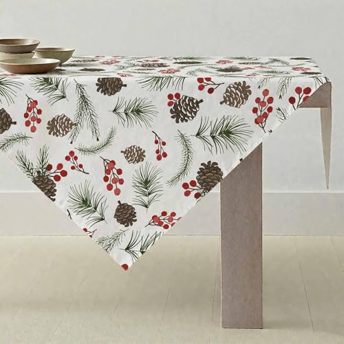 ViaElayu Tischdecke Weihnachten Weihnachtsdeko Klein Weihnachtstischdecke Mitteldecke 85x85 cm Beige Weihnachts Tischdeko mit Tannenzapfen Kiefer und Beere Abwaschbar Modern Winter Küche Tisch Deko von ViaElayu