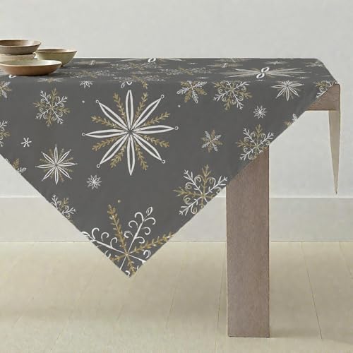 ViaElayu Tischdecke Weihnachten Weihnachtsdeko Klein Weihnachtstischdecke Mitteldecke 85x85 cm Grau Weihnachts Tischdeko mit Weiße und Gold Schneeflocken Abwaschbar Modern Winter Küche Tisch Deko von ViaElayu