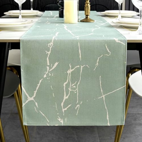 ViaElayu Tischläufer Modern Grün Weiß Marmor Textur Abstrakte Abwaschbar Outdoor Frühling Landhausstil Vintage Bauernhaus Rechteckige Tischdecke Küche Tisch Läufer Party Deko 40x140 cm von ViaElayu