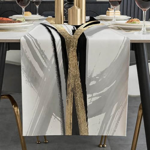ViaElayu Tischläufer Modern Schwarz Gold Herbst Abstrakte Boho Tisch Läufer Gestreift Vintage Abwaschbar Geometrische Grau Table Runner für Esszimmer Küchentisch Party Urlaub Tischdeko 40 x 180 cm von ViaElayu
