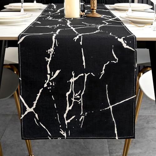 ViaElayu Tischläufer Modern Schwarz Weiß Marmor Textur Abstrakte Abwaschbar Outdoor Frühling Landhausstil Vintage Bauernhaus Rechteckige Tischdecke Küche Tisch Läufer Party Deko 33x183 cm von ViaElayu
