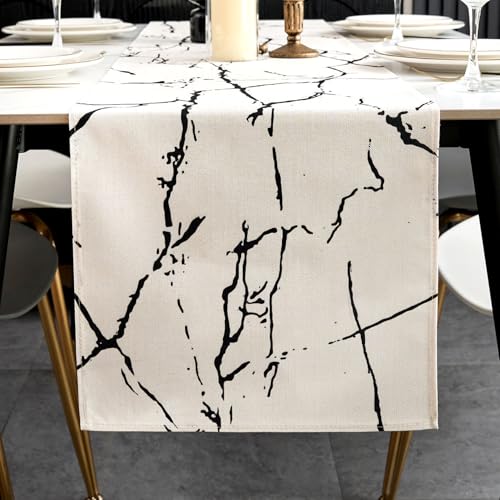 ViaElayu Tischläufer Modern Weiß Schwarz Marmor Textur Abstrakte Abwaschbar Outdoor Frühling Landhausstil Vintage Bauernhaus Rechteckige Tischdecke Küche Tisch Läufer Party Deko 40x140 cm von ViaElayu