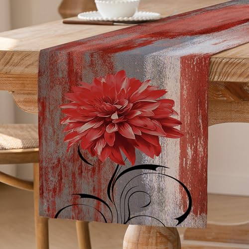 ViaElayu Tischläufer Rot Retro Tischläufer mit Blume Bauernhaus Tischdekoration Rustikales Ölgemälde Tisch Läufer Akzenttisch Dekoratives Tuch 40 x 140 cm für Küche Kaffee Urlaub Partys Hochzeit von ViaElayu