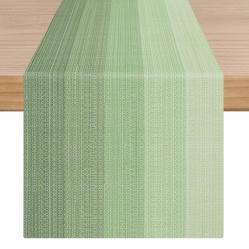 ViaElayu Tischläufer Salbeigrün Modern Tischdeko Abwaschbar Table Runner Kurz Tisch Läufer Boho Streifen Grün Farbverlauf Tisch Dekoration für Esstisch Drinnen Urlaub Party Couchtisch Deko 40x140cm von ViaElayu