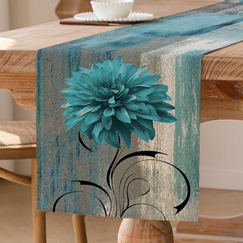 Tischläufer Türkis Retro Tischläufer mit Blume Bauernhaus Tischdekoration Rustikales Ölgemälde Tisch Läufer Akzenttisch Dekoratives Tuch 33 x 183 cm für Küche Kaffee Urlaub Partys Hochzeit von ViaElayu