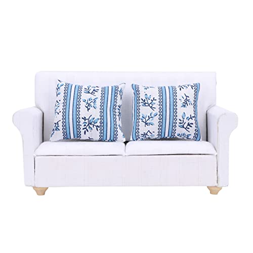 ViaGasaFamido 1/12 Puppenhaus Miniatur Sofa Set mit Kissen Elegantes Weiß Im Europäischen Stil DIY-Möbel für Wohnzimmer Schlafzimmer Dekoration Zubehör (Doppelsofa mit Kissen) von ViaGasaFamido