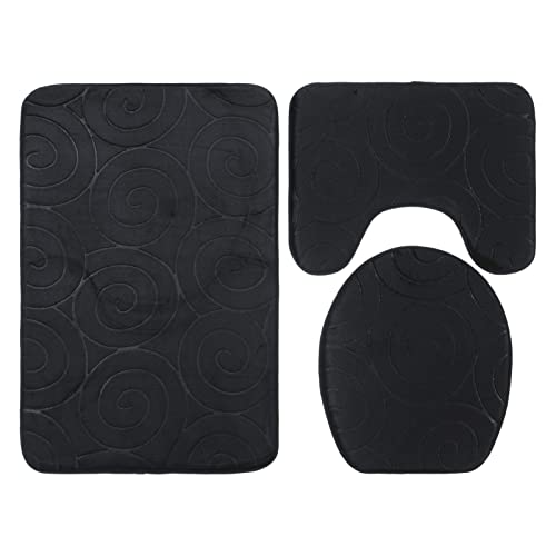 ViaGasaFamido Badezimmermatte 3-teiliges Set Badezimmerteppich-Set Steingeprägte Toilettendeckelabdeckung Badezimmer-Fußmatten Badewannenseite Saugfähige Teppiche (Schwarz) von ViaGasaFamido